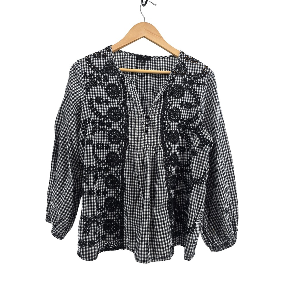 J.Crew Blouse Womens XL Gingham Eyelet Embroidered Black White EUC